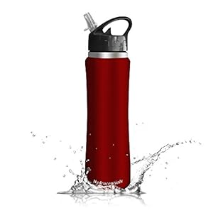 Hydracentials 25 oz Sleek and Sporty Double Wall Vacuum Insulated Stainless Steel Water Bottle with Flip Cap and Straw (Red)