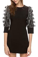 Puff Sleeves Round Neck Shift Spring Chiffon/Tulle Mini Dress 