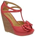 Ladies Red bow toe platform wicker high heel wedge shoes sandals NEW