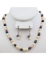 Multi Color 7-8mm Rice Shape Freshwater Pearl & Earring Sterling Silver Set