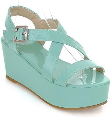 QueenFam Womens Open Toe High Heel Platform Wedge PU Patent Leather Solid Sandals with Buckle, Blue, 41