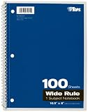 TOPS 1-Subject Wirebound Notebook, Wide Rule, 8 x 10.5 Inches, White, 100 Sheets per Book, Cover Color May Vary (65031)