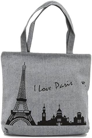 LSW "I Love Paris" Canvas Shoulder Tote Bag (Gray)