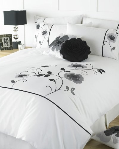 BLACK WHITE DOUBLE FLORAL QUILT COVER DUVET SET