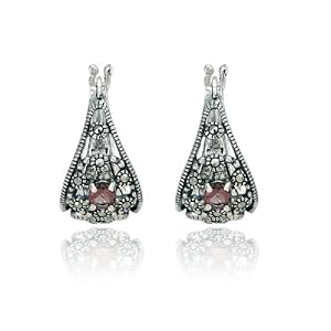 Sterling Silver Marcasite and Amethyst Colored Glass Oval Click Earrings