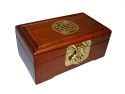 Chinese rosewood jewelry box chest with asian carving and brass accents, 7"x4"x2.875"