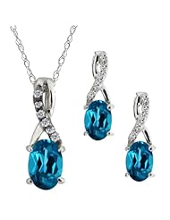 1.76 Ct Oval London Blue Topaz Gemstone 14k White Gold Pendant Earrings Set