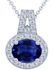 18K White Gold Oval Cut Blue Sapphire And Round Diamond Pendant