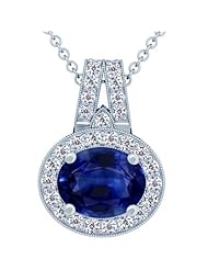 14K White Gold Oval Cut Blue Sapphire And Round Diamond Pendant