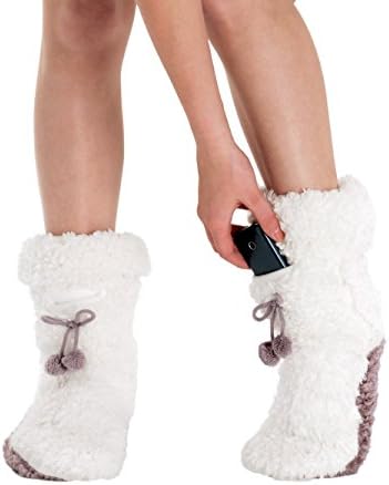 Fluffy Fleece Cream Taupe Womens Slipper Socks Phone Pocket and Pom Poms