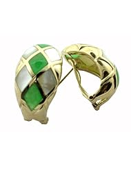 Green Jade and White Mother Of Pearl Diamond Back Earrings, 14k Gold