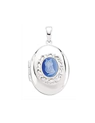 Sterling Silver Blue Cat Cameo Oval Locket with 18 inch chain - S00432 - 28mm x 20mm