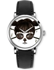 SPRAWL Aanalog Fashion Series Silver Ladies Watches of Genuine Black Leather Strap,Unique Wrist Watch for Women Girls Designed with Painted face girl