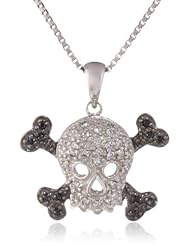Sterling Silver Black and White Cubic Zirconia Skull and Crossbones Pendant Necklace, 18"
