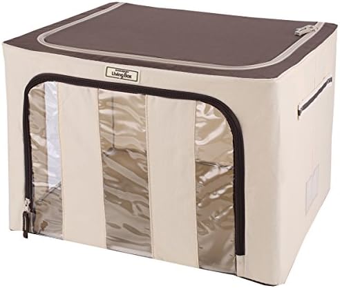 LivingBox 70 Quart/ 66 Liter Extra-large Foldable Storage Containers Fabric with See-through Window, Oxford Fabric Storage Bins, Natural