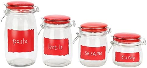 Set of 4 - Chalkboard Food Storage Canister Glass Jar Set with Locking Clamp Top Airtight Lid, Includes Label Chalk (Red)