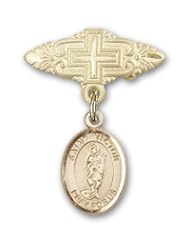 14K Gold Baby Badge with St. Victor of Marseilles Charm and Badge Pin with Cross