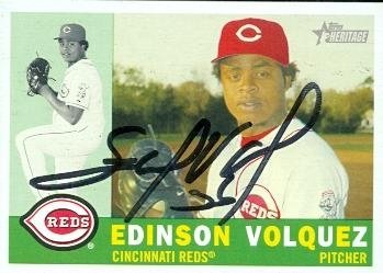 Edinson Volquez Autographed/Hand Signed Baseball Card (Cincinnati Reds) 2009 Topps Heritage #4