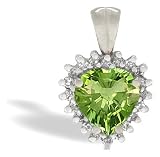 14K White Gold Genuine Heart Peridot and Diamond Pendant