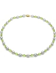 14k Yellow Gold 7-8mm Blue Freshwater Pearl with Green Swarovsky Crystal and 3-4mm Gold Beads Necklace 17" Length