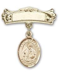 14K Gold Baby Badge with St. Albert the Great Charm and Arched Polished Badge Pin