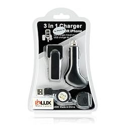 Lux Universal Apple iPod USB Charger Kit - USB Retractable Hotsync Cable - USB Home Travel Charger - USB 12V Cigarette Lighter Charger - Black