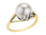 Freshwater 10mm White Pearl and Diamond Ring in 14K Yellow Gold