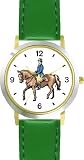 Dressage Horse and Rider Horse - WATCHBUDDY® DELUXE TWO-TONE THEME WATCH - Arabic Numbers - Green Leather Strap-Women's Size-Small