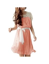 Short Sleeves  Sheer Pleated Lace Elasticized   Waistline Round Neck Chiffon/Cotton Mini Dress  With Pearls