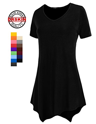 [DRSKIN] WS05 Women Handkerchief Hem Short Sleeve Long Tunic Top. (XL, Black)
