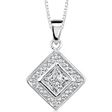 Chic Glamour: Sterling Silver Vintage Inspired Bridal Style Diamond Shaped Dangle Pendant Necklace With bezel Set Princess-cut CZ Diamond