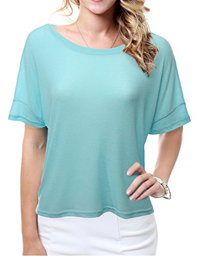 Doublju Women Casual Boat Neck Loose Fit Half Sleeve MiddleTop