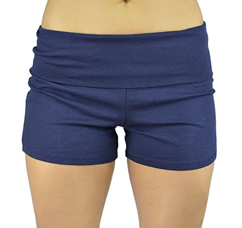 Belle Donne Womens Activewear Fold Over Cotton Yoga Shorts Gym Clothes - Navy/M