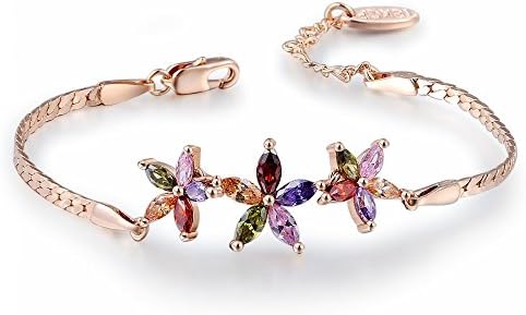Hitaocity 18k Rose Gold Plated Austrian Crystal Three Charm Colorful Flowers Designed link Bracetet