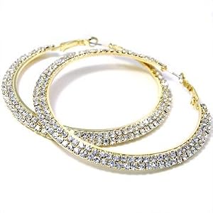 Beautiful X-Large and Blingy Double Ice Crystal Lined Hoop Earrings Yellow Gold Tone by Christina...