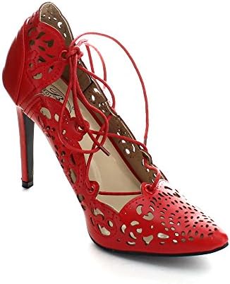 BOLARO SH1646 Women's Closed Toe Hollow-out Lace Up Stiletto Pumps, Color:RED, Size:8