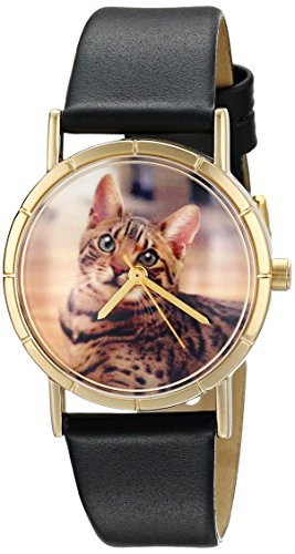 Whimsical Watches Kids' P0120043 Classic Bengal Cat Black Leather And Goldtone Photo Watch