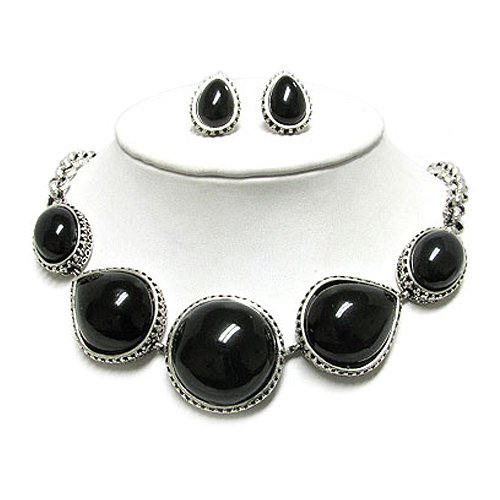 Black Round Ceramic Marble Stone Metal Casting Necklace Earring Set