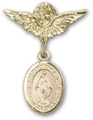 Gold Filled Baby Badge with Miraculous Charm and Angel with Wings Badge Pin