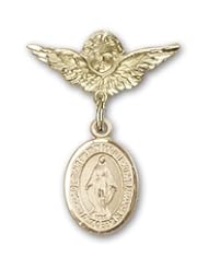 14K Gold Baby Badge with Miraculous Charm and Angel with Wings Badge Pin