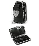 Cell Phone Pouch Flat Wallet With Crystal Heart and Chain Strap -- Choice Of Colors, Black