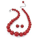 Hot Red Acrylic Bead Choker Necklace And Stud Earring Set (Silver Tone)
