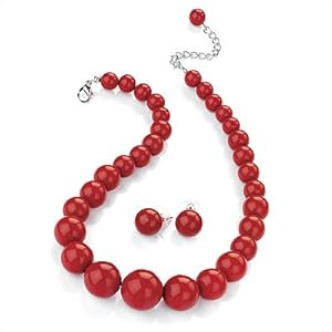 Hot Red Acrylic Bead Choker Necklace And Stud Earring Set (Silver Tone)