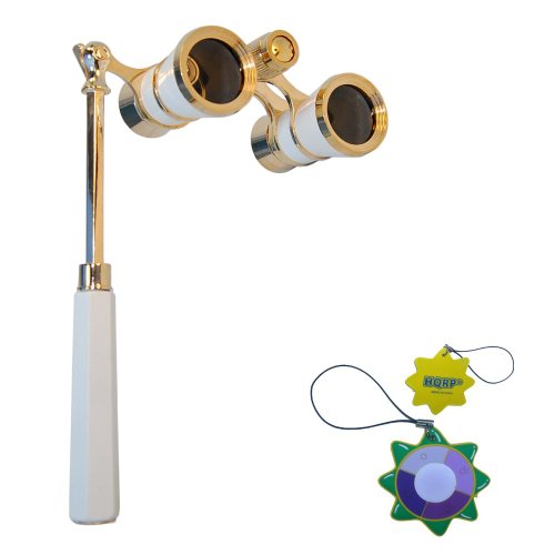 HQRP Opera Glasses White-Pearl with Gold Trim w/ Built-In Extendable Handle plus HQRP UV Meter