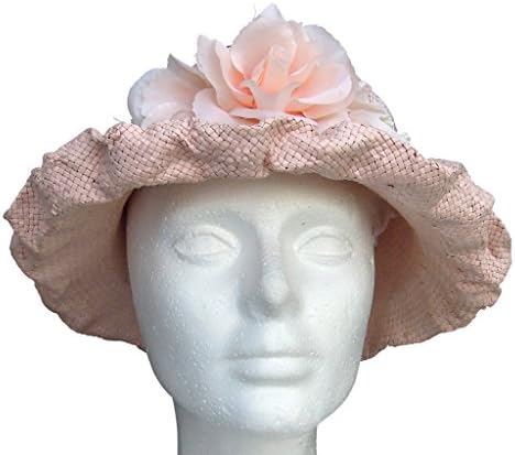 Nature Art Womens Crinkled Narrow Brim Straw Hat Flower Lace Summer Church Pink
