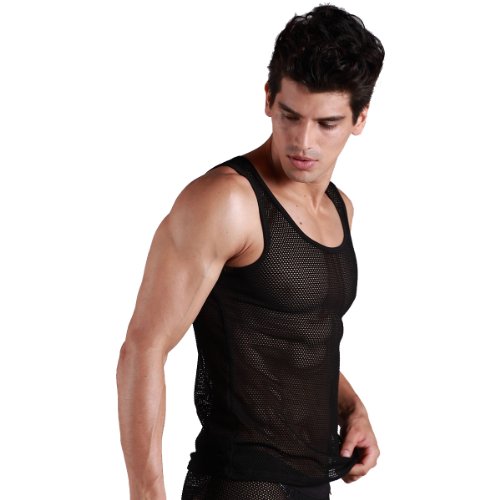 XUBA mens sexy shirts tank top mesh black 1193