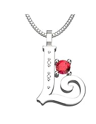 Sterling Silver Letter L - July Ruby Birthstone 18 Inch Necklace