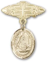 14K Gold Baby Badge with St. Edburga of Winchester Charm and Badge Pin with Cross