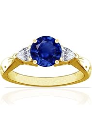 18K Yellow Gold Round Cut Blue Sapphire Three Stone Ring (GIA Certificate)