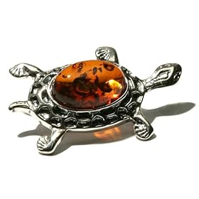 Certified Genuine Honey Amber and Sterling Silver Turtle Pin
